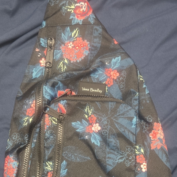 Vera Bradley Handbags - Vera Bradley Black Sling Bag with Red and Blue Floral Pattern